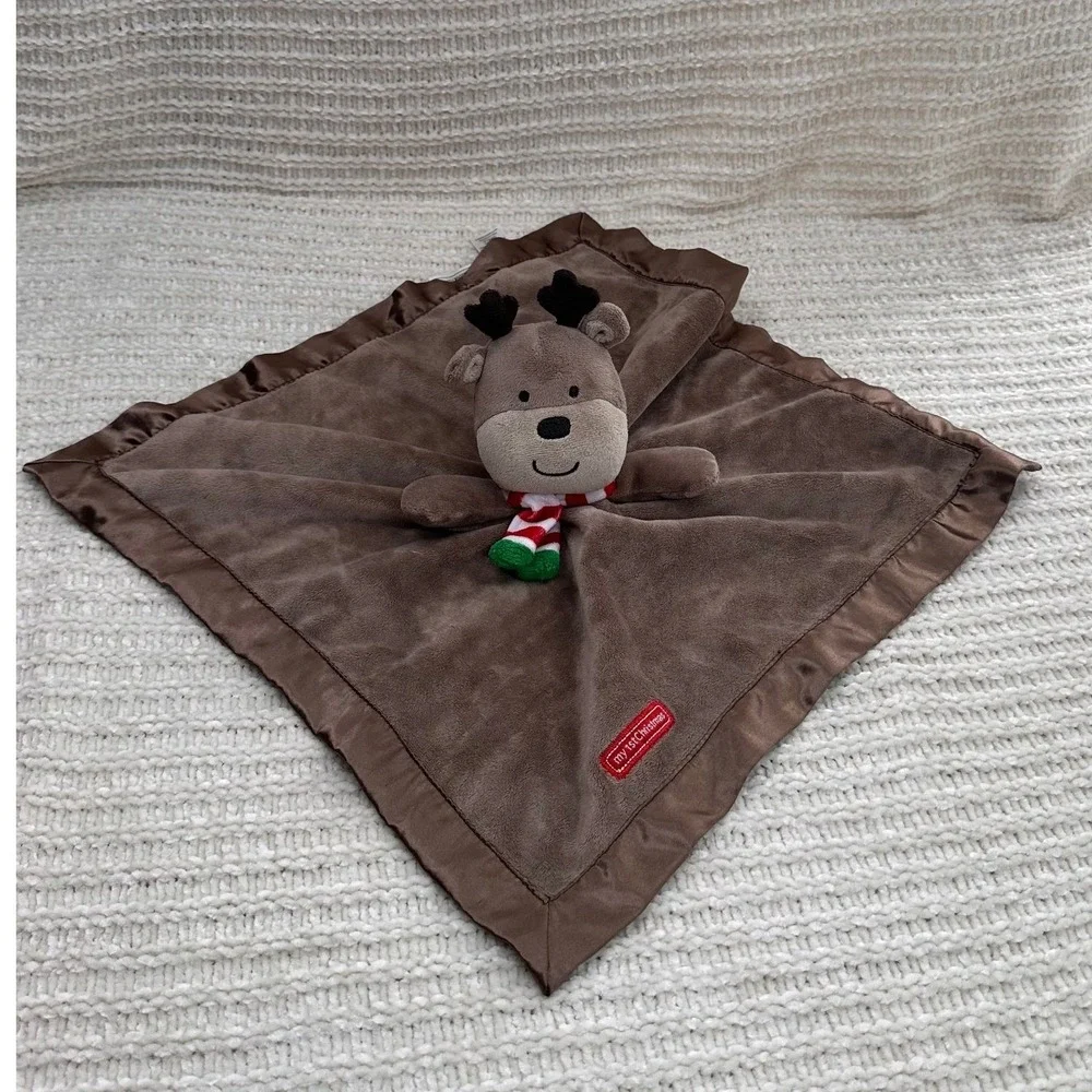 Carters Reindeer Security Blanket‎ My 1st Christmas Plush Lovey Brown Satin Trim
